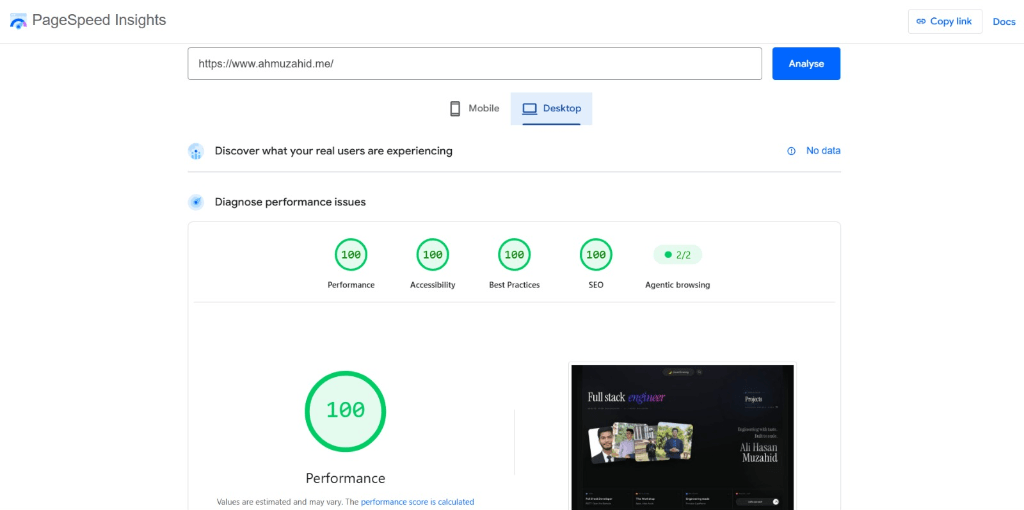 Google PageSpeed Insights 100/100 Benchmark Audit for ahmuzahid.me