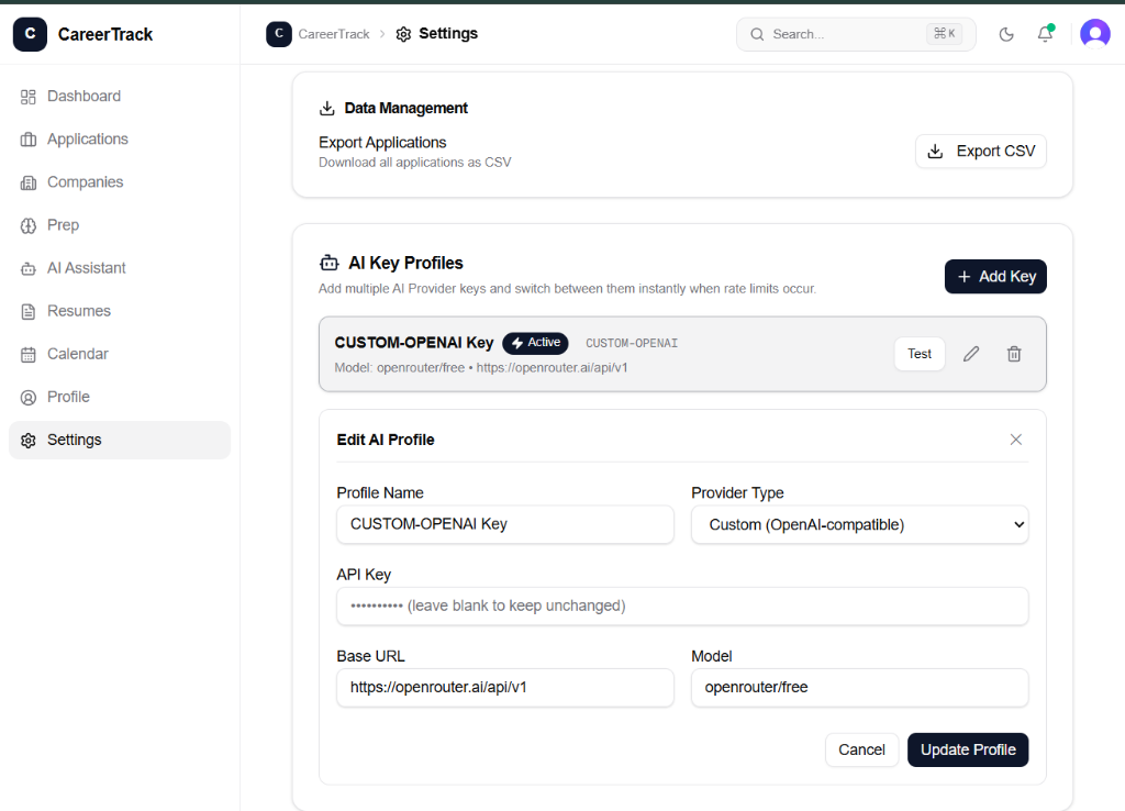 CareerTrack AI Provider Settings